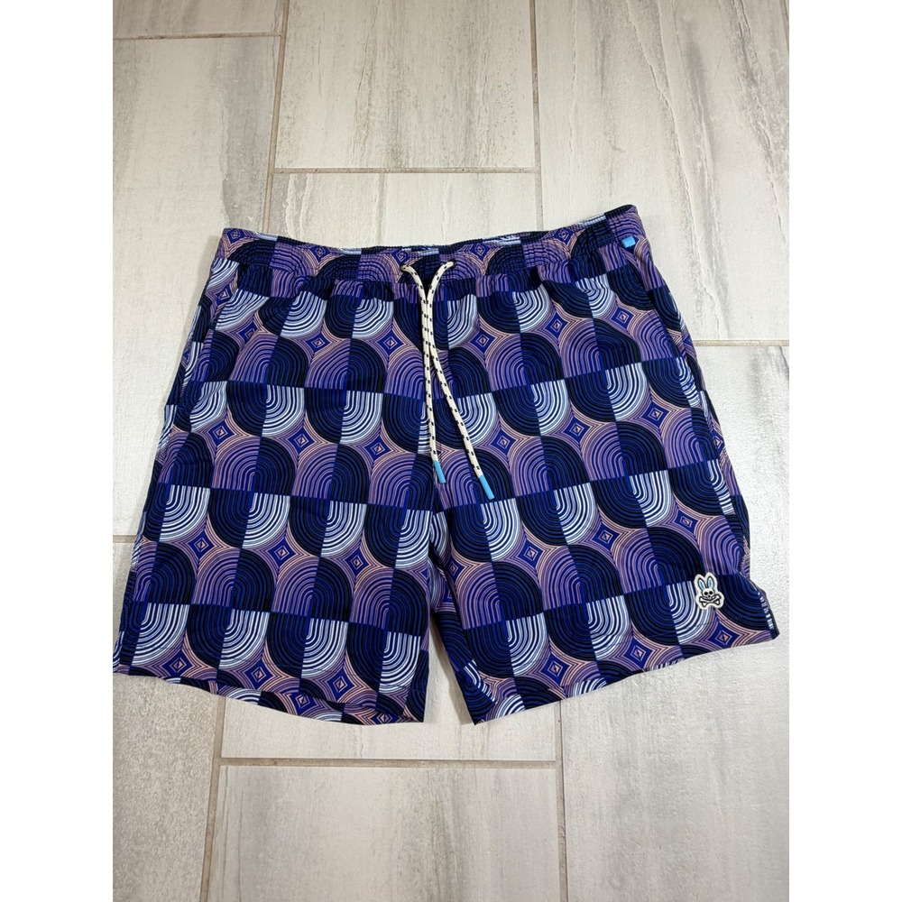 Psycho Bunny Mens XL Swim Trunks Purple Blue Geometric Optical Print Mesh Lined